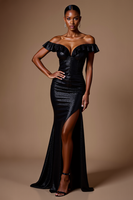 Load image into Gallery viewer, Sparkly Black Sheath Sequins Off the Shoulder Long Formal Dress with Slit
