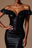 Load image into Gallery viewer, Sparkly Black Sheath Sequins Off the Shoulder Long Formal Dress with Slit