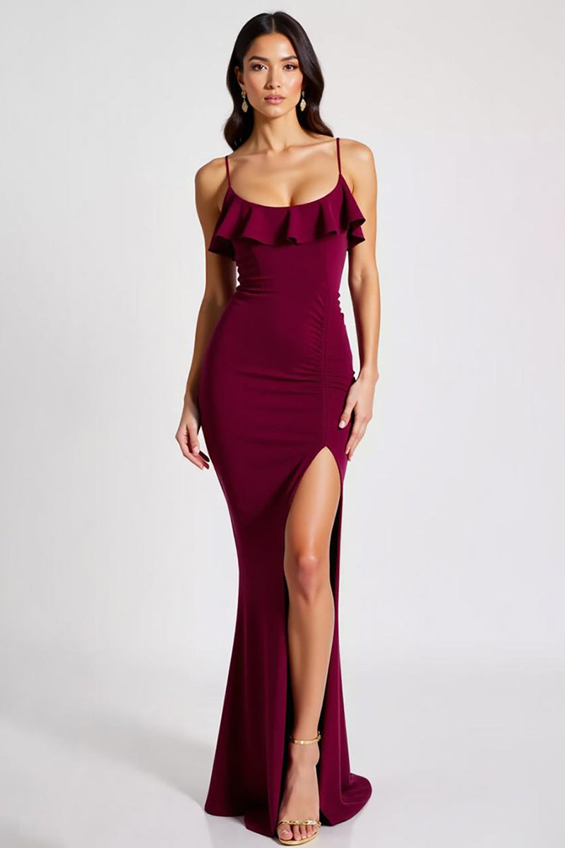 Load image into Gallery viewer, Burgundy Sheath Spaghetti Straps Long Formal Dress with Slit