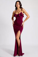 Load image into Gallery viewer, Burgundy Sheath Spaghetti Straps Long Formal Dress with Slit