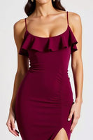 Load image into Gallery viewer, Burgundy Sheath Spaghetti Straps Long Formal Dress with Slit