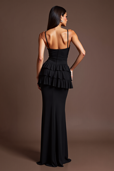Sheath Black Satin Backless Long Formal Dress with Slit