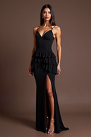 Load image into Gallery viewer, Sheath Black Satin Backless Long Formal Dress with Slit