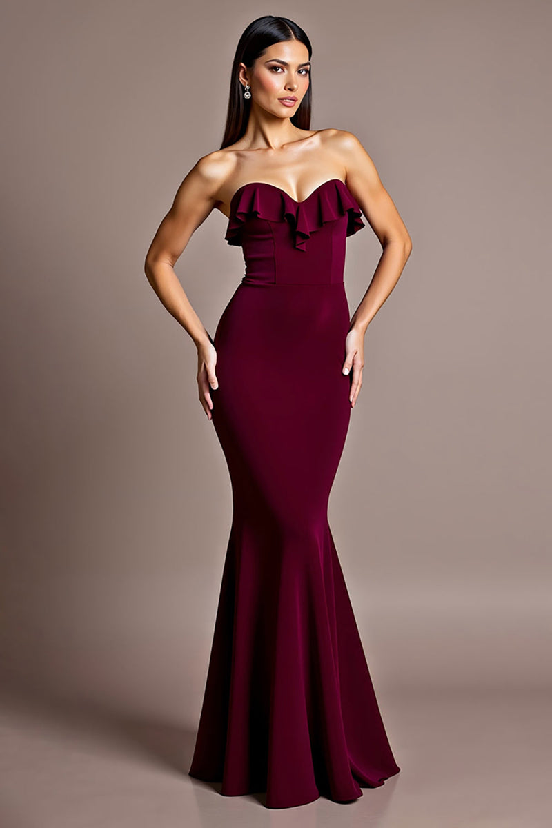 Load image into Gallery viewer, Burgundy Satin Mermaid Backless Strapless Formal Dress