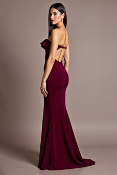 Burgundy Satin Mermaid Backless Strapless Formal Dress