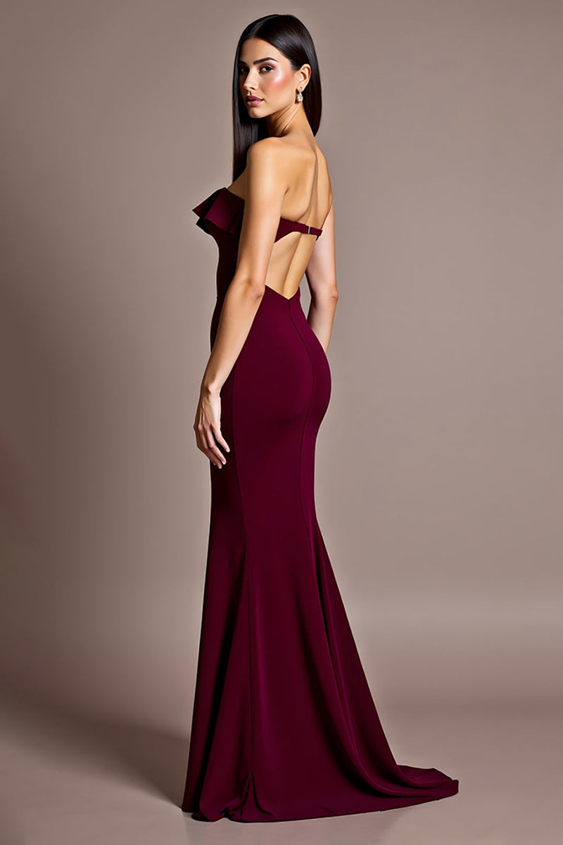 Load image into Gallery viewer, Burgundy Satin Mermaid Backless Strapless Formal Dress