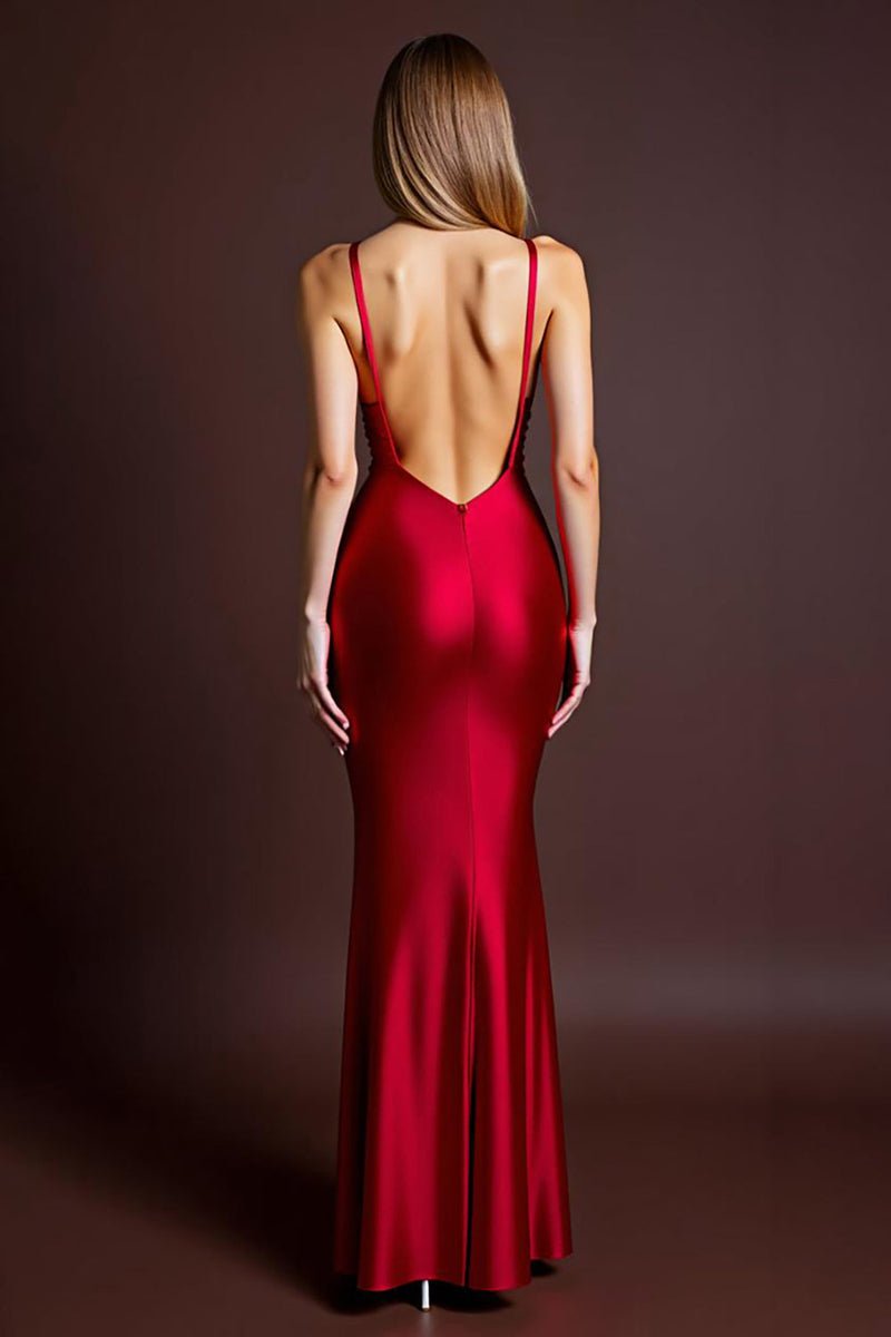 Load image into Gallery viewer, Red Sheath Satin Ruched Long Formal Dress with Slit