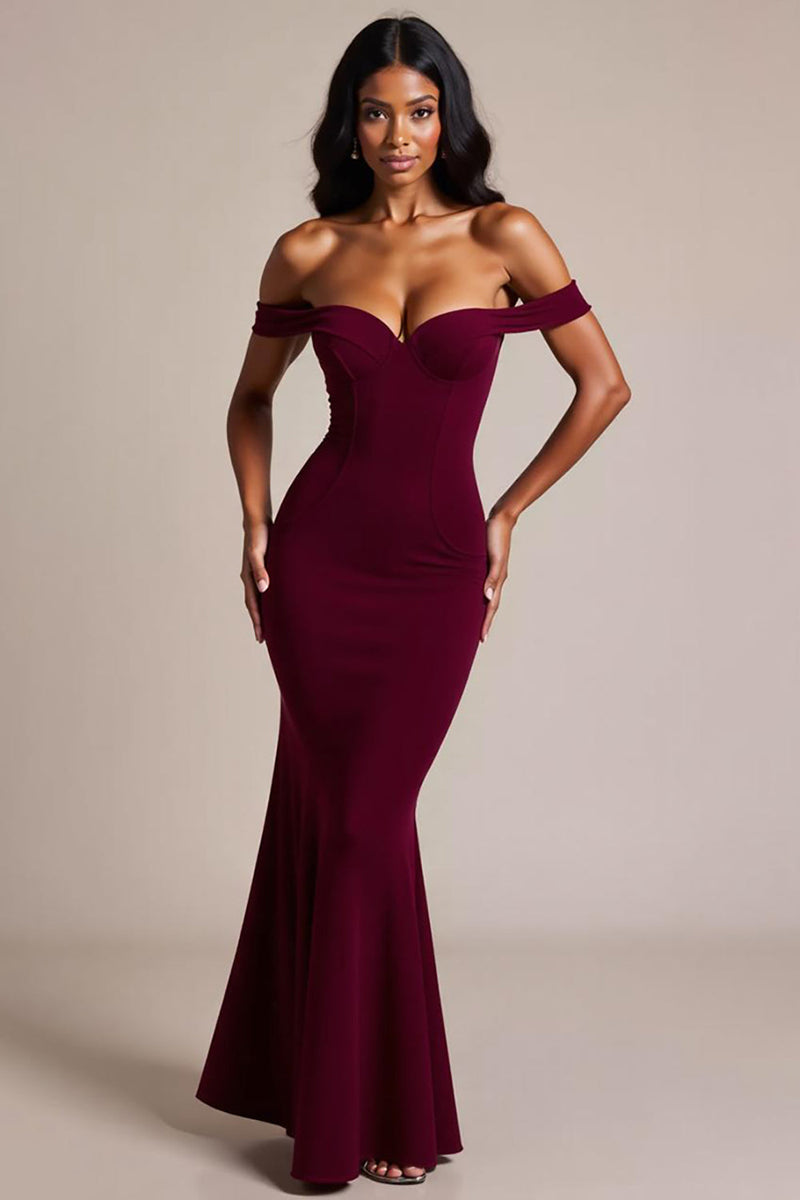 Load image into Gallery viewer, Burgundy Mermaid Off the Shoulder Long Formal Dress