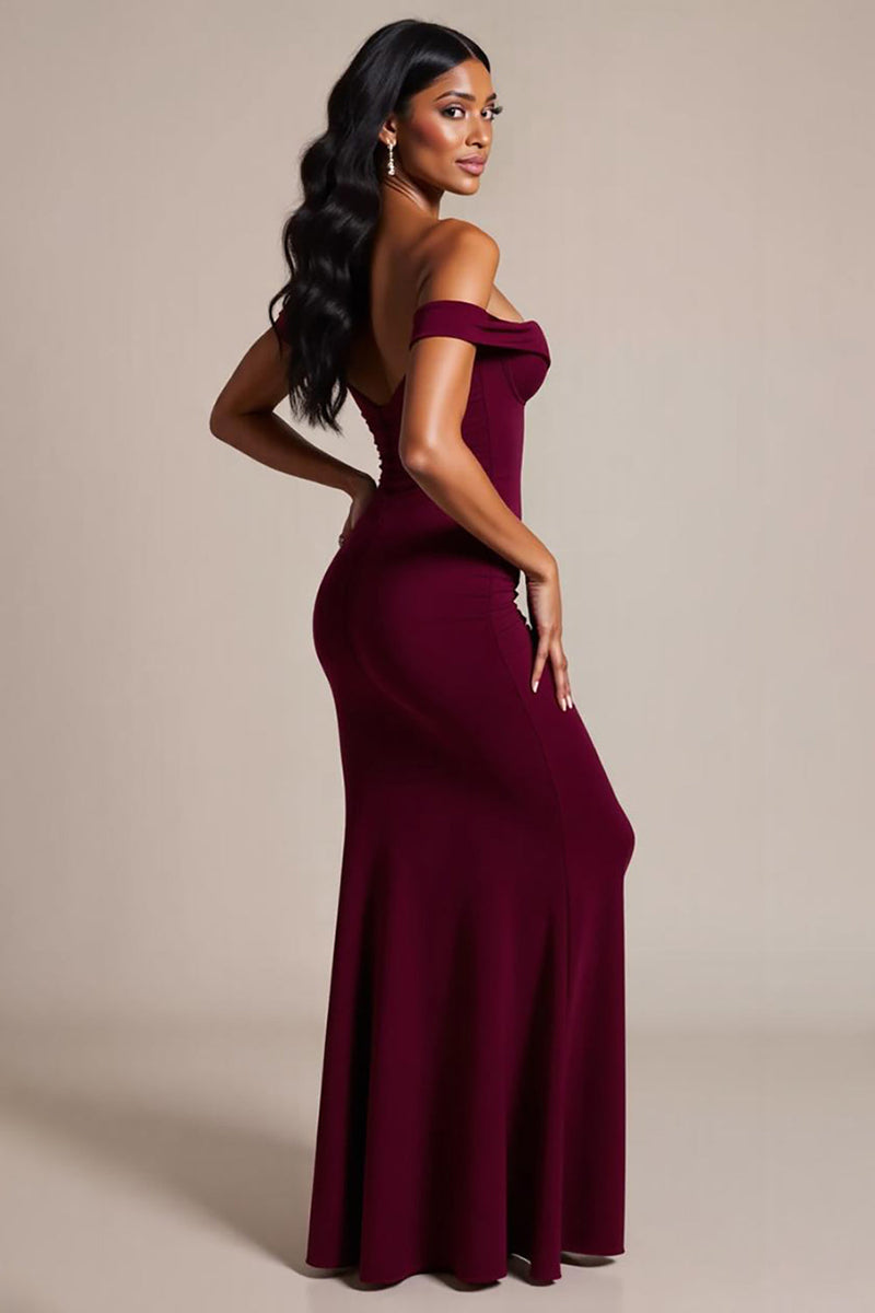 Load image into Gallery viewer, Burgundy Mermaid Off the Shoulder Long Formal Dress