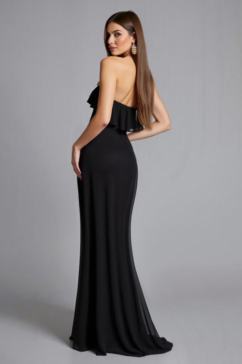 Load image into Gallery viewer, Black Chiffon Sheath Ruffled Long Formal Dress with Slit