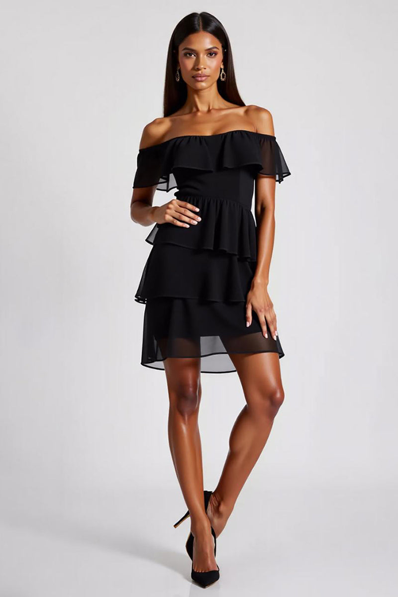 Load image into Gallery viewer, Tiered Chiffon Off the Shoulder Little Black Dress