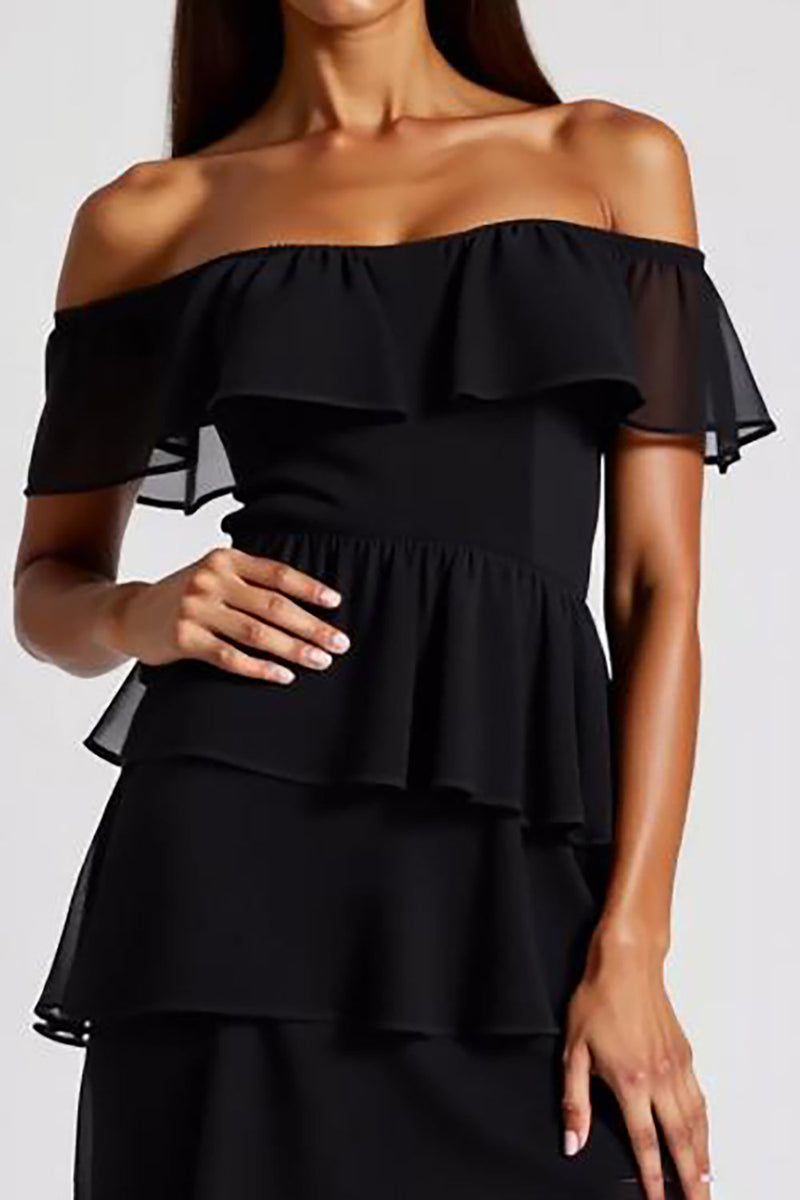 Load image into Gallery viewer, Tiered Chiffon Off the Shoulder Little Black Dress