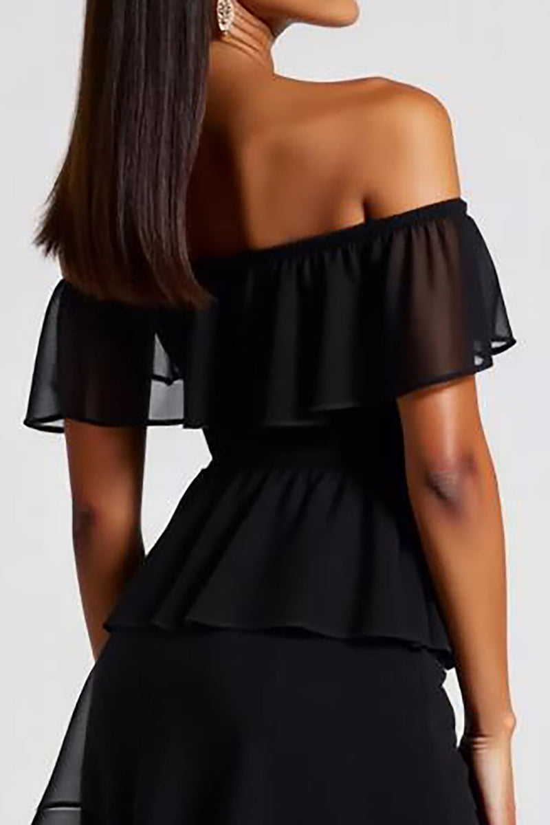 Load image into Gallery viewer, Tiered Chiffon Off the Shoulder Little Black Dress