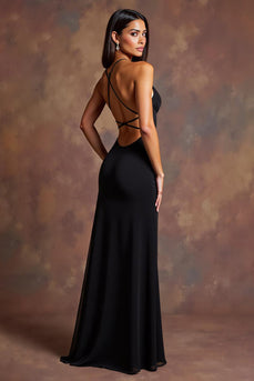 Black Satin Spaghetti Straps Long Formal Dress with Slit