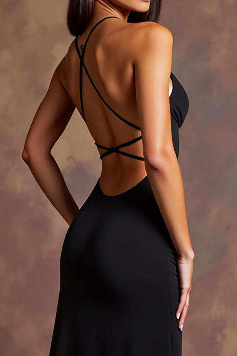 Load image into Gallery viewer, Black Satin Spaghetti Straps Long Formal Dress with Slit