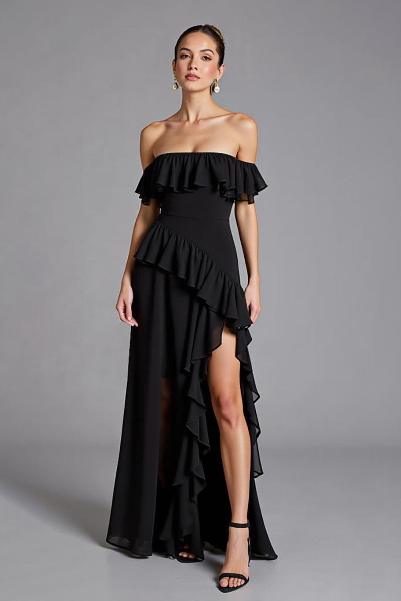 Load image into Gallery viewer, Black Chiffon Ruffled A Line Long Formal Dress with Slit