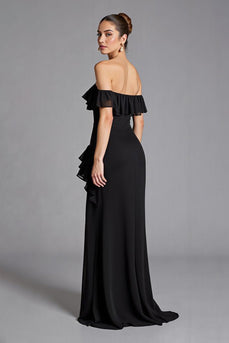 Black Chiffon Ruffled A Line Long Formal Dress with Slit
