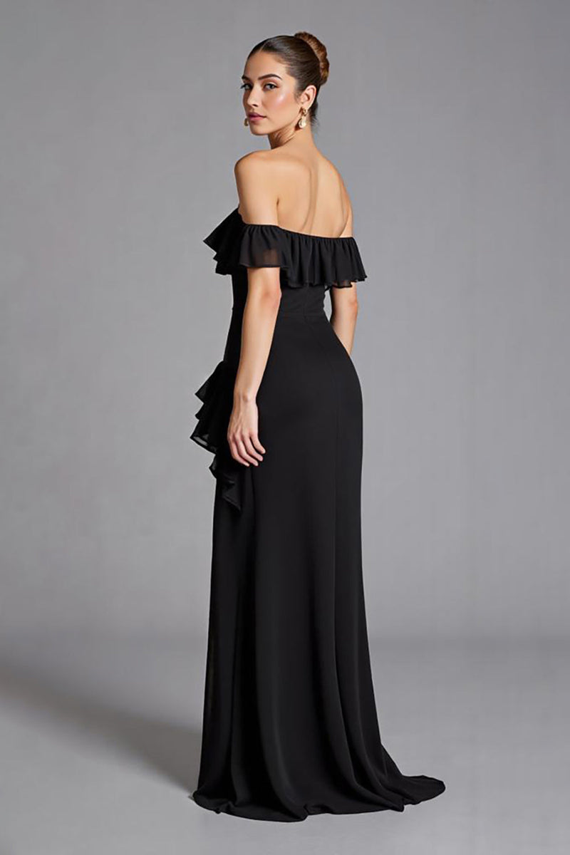 Load image into Gallery viewer, Black Chiffon Ruffled A Line Long Formal Dress with Slit