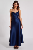Load image into Gallery viewer, Navy Sheath Ruched Spaghetti Straps Long Formal Dress