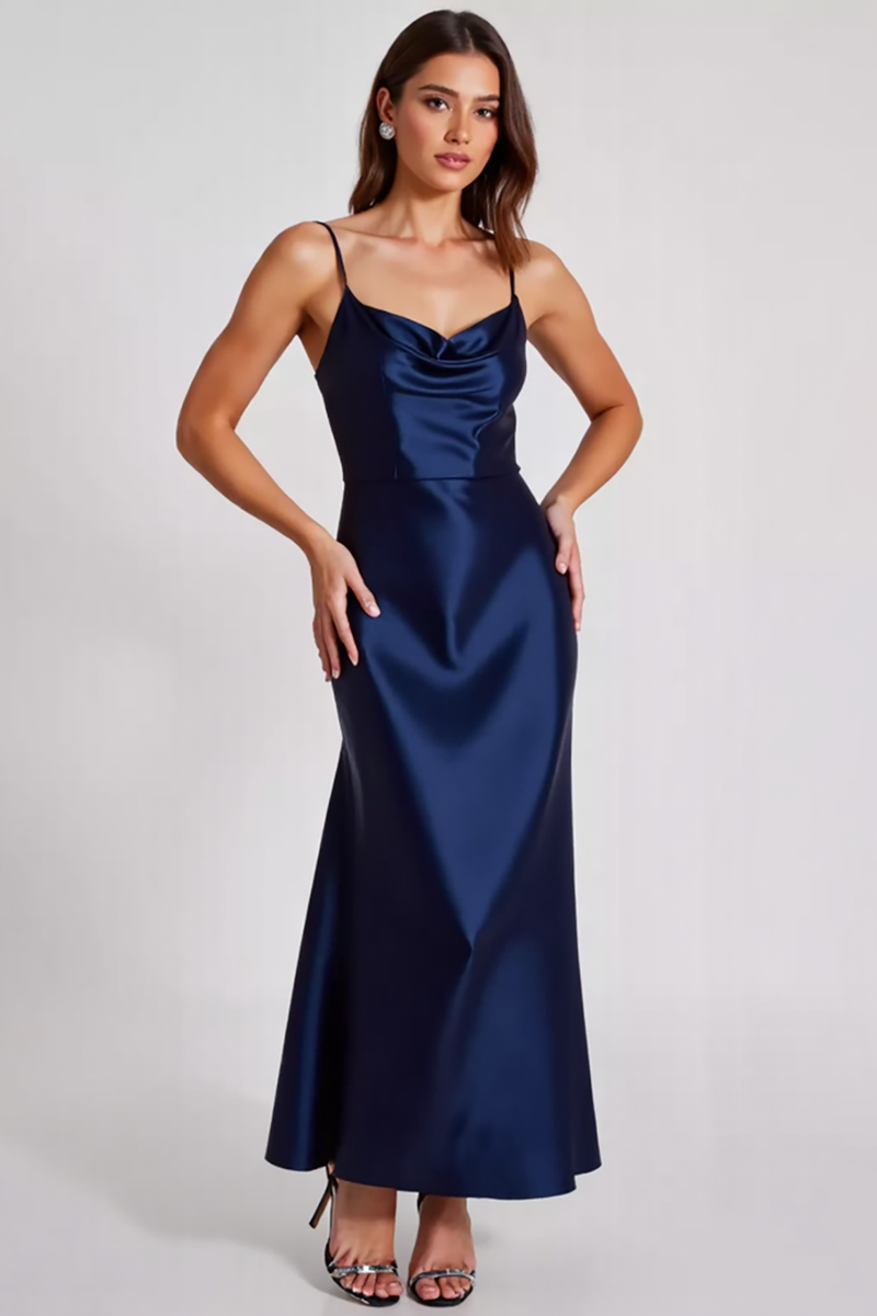 Load image into Gallery viewer, Navy Sheath Ruched Spaghetti Straps Long Formal Dress