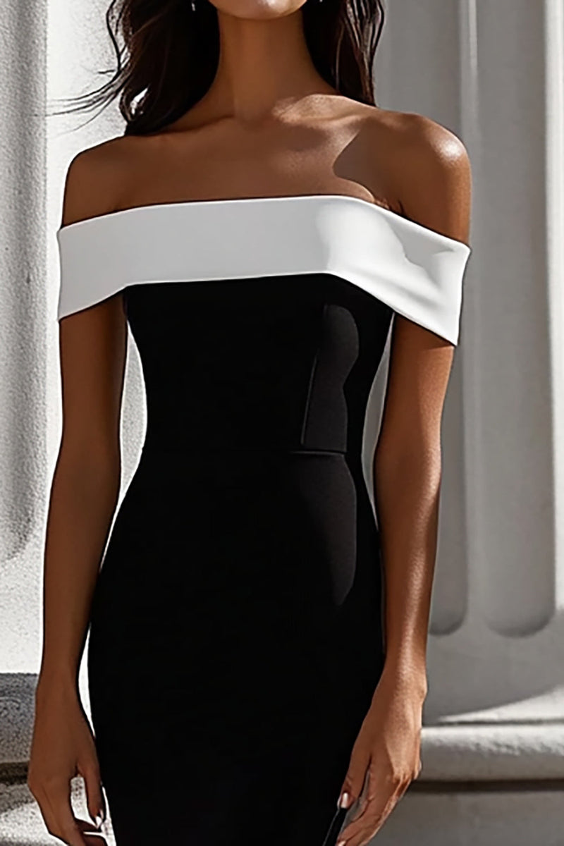 Load image into Gallery viewer, White Mermaid Satin Off the Shoulder Long Black Tie Dress