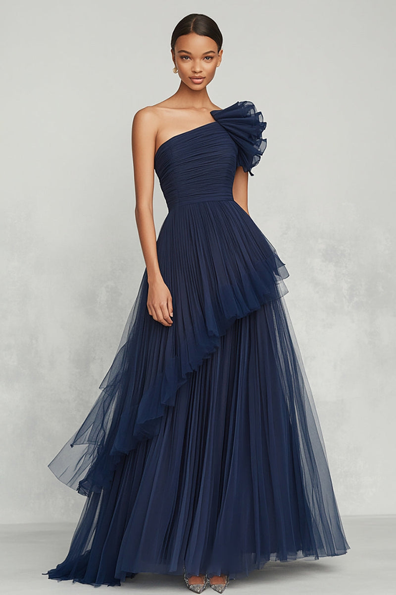 Load image into Gallery viewer, Navy A Line One Shoulder Tulle Long Formal Dress with Ruffles