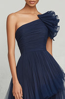 Load image into Gallery viewer, Navy A Line One Shoulder Tulle Long Formal Dress with Ruffles