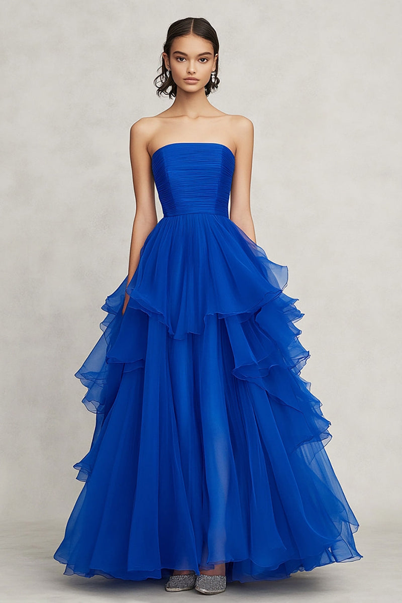 Load image into Gallery viewer, Royal Blue A Line Strapless Asymmetrical Chiffon Long Formal Dress