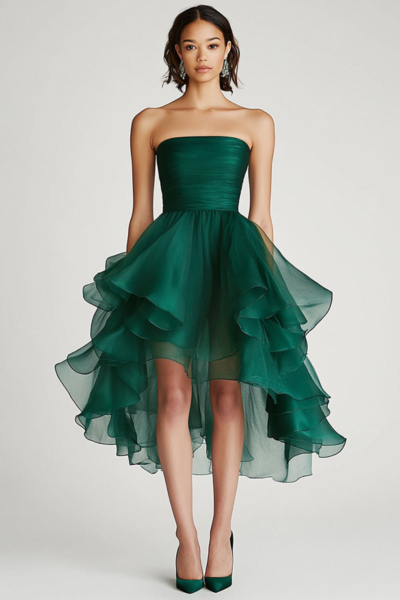 Load image into Gallery viewer, Dark Green A Line Strapless Tulle Asymmetrical Short Formal Dress