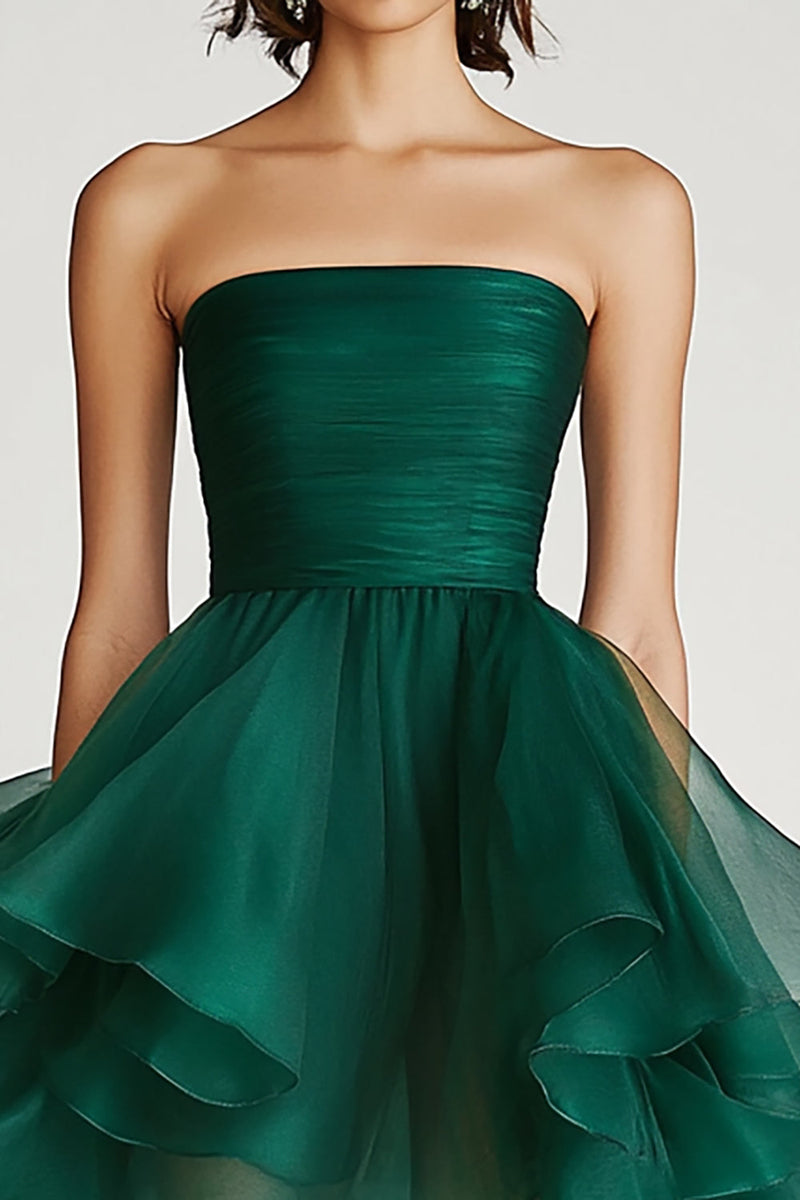 Load image into Gallery viewer, Dark Green A Line Strapless Tulle Asymmetrical Short Formal Dress