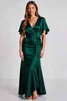 Load image into Gallery viewer, Dark Green Satin Sheath Long Formal Dress