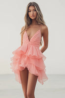 Load image into Gallery viewer, Pink Orange Tiered Tulle A Line V-Neck Formal Dress