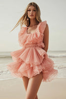 Load image into Gallery viewer, Pink Orange Tiered Tulle Square Neck Formal Dress with Ruffles