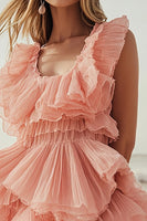 Load image into Gallery viewer, Pink Orange Tiered Tulle Square Neck Formal Dress with Ruffles