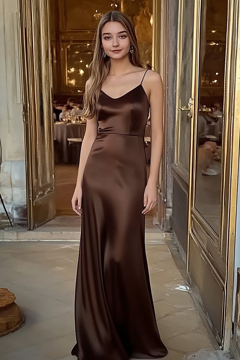 Load image into Gallery viewer, Coffee Sheath Satin V-Neck Long Formal Dress