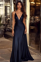 Load image into Gallery viewer, Navy A Line Satin Deep V-Neck Long Formal Dress