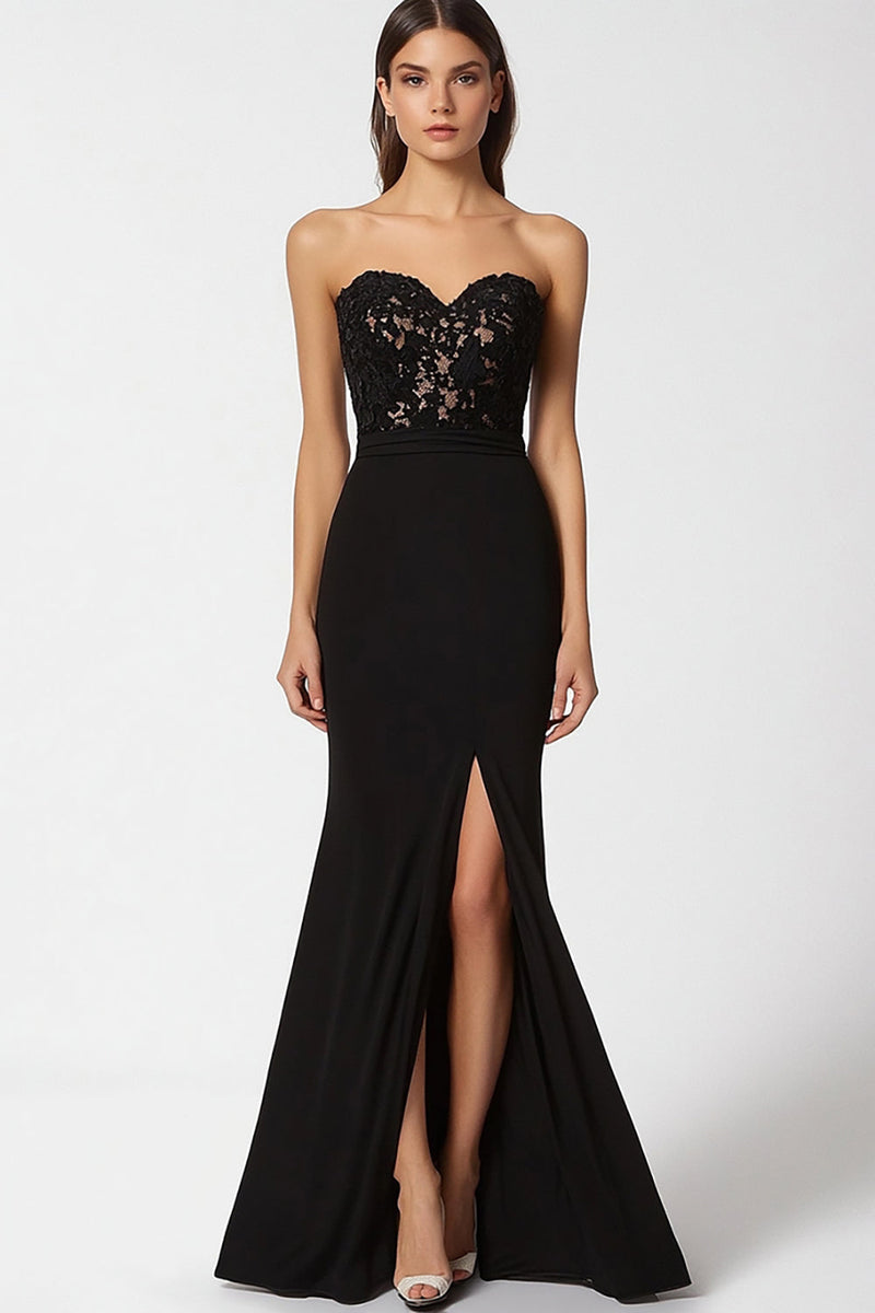 Load image into Gallery viewer, Sweetheart Mermaid Long Black Tie Dress with Slit