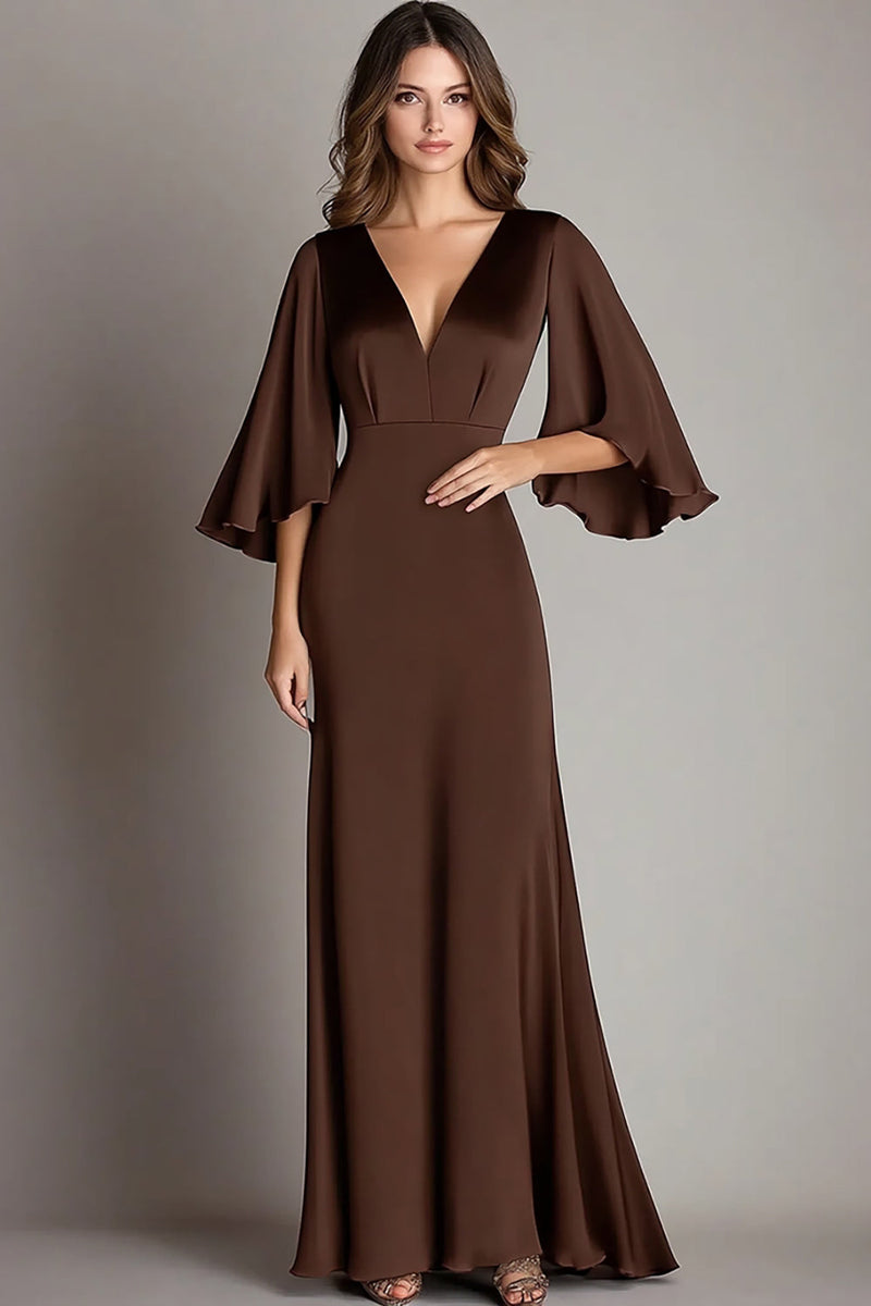Load image into Gallery viewer, Coffee Sheath Satin Long Formal Dress with Sleeves