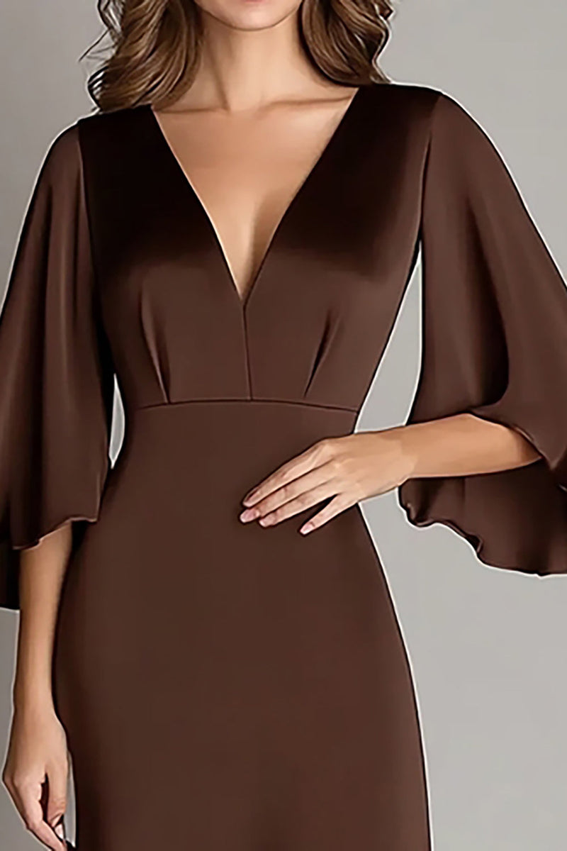 Load image into Gallery viewer, Coffee Sheath Satin Long Formal Dress with Sleeves