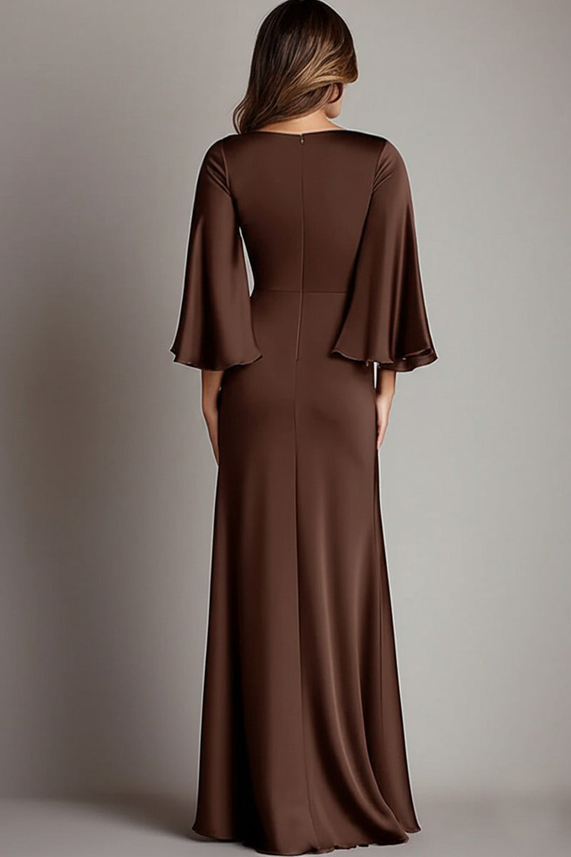 Load image into Gallery viewer, Coffee Sheath Satin Long Formal Dress with Sleeves