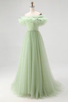 Load image into Gallery viewer, Dusty Sage A Line Tulle Long Formal Dress with Ruffles