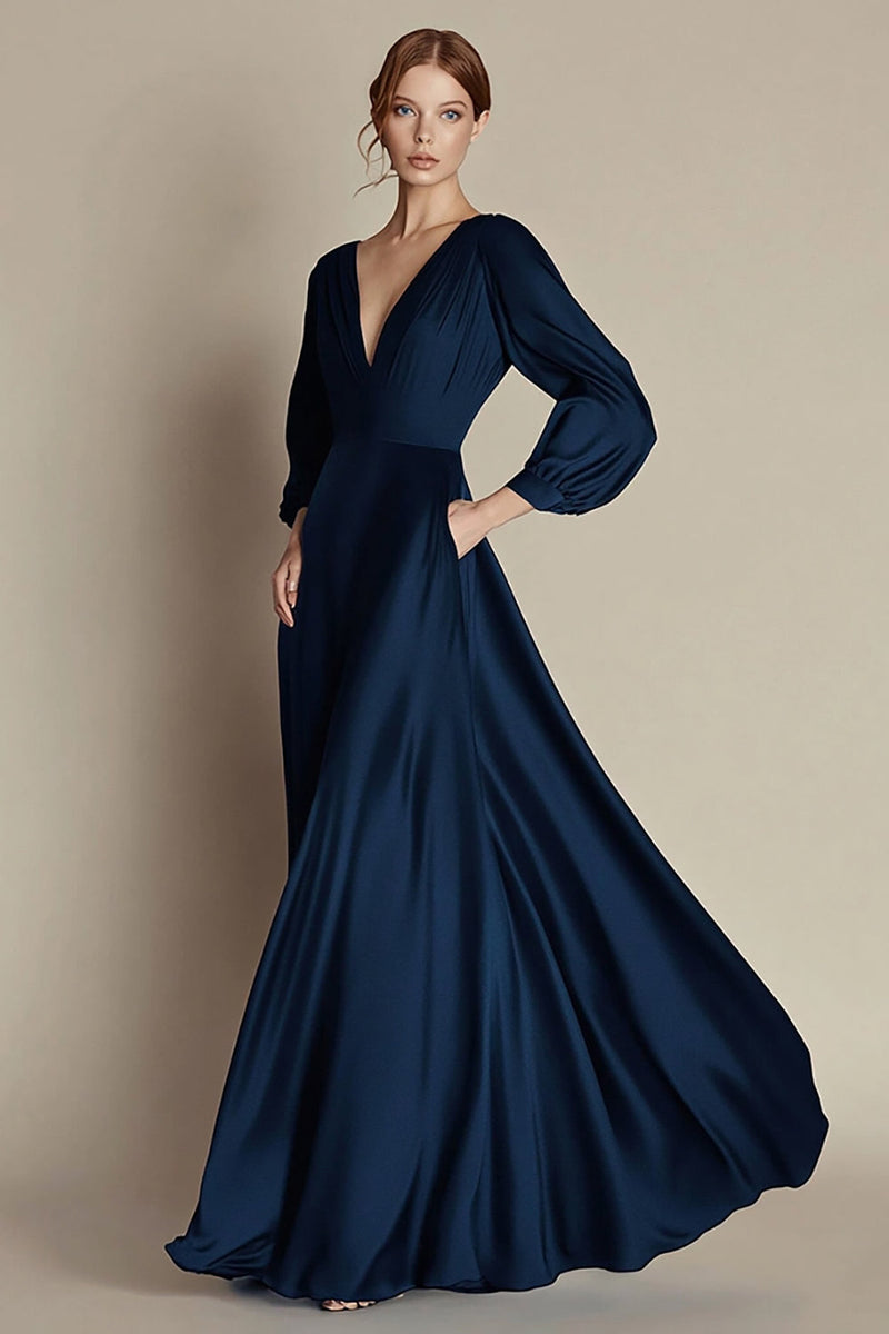 Load image into Gallery viewer, Navy V-Neck A Line Satin Long Formal Dress with Sleeves