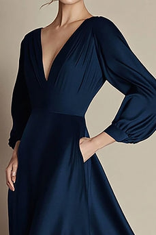 Navy V-Neck A Line Satin Long Formal Dress with Sleeves