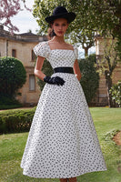Load image into Gallery viewer, Black&White A Line Square Neck Long Formal Dress with Sleeves