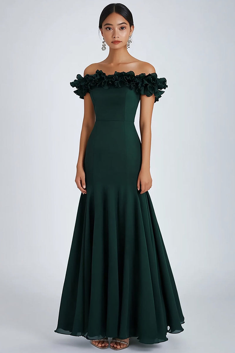 Load image into Gallery viewer, Dark Green Sheath Pleated Off the Shoulder Long Formal Dress with Ruffles