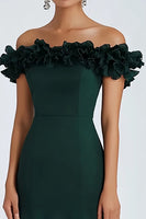 Load image into Gallery viewer, Dark Green Sheath Pleated Off the Shoulder Long Formal Dress with Ruffles