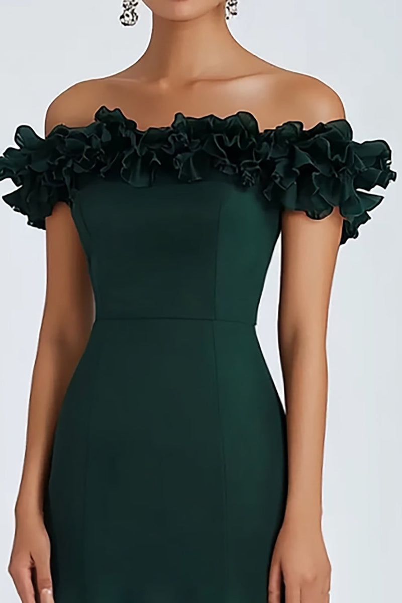 Load image into Gallery viewer, Dark Green Sheath Pleated Off the Shoulder Long Formal Dress with Ruffles