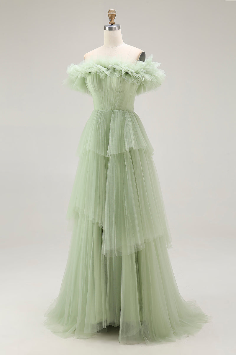 Load image into Gallery viewer, Dusty Sage Tulle Ball Gown Maxi Formal Dress with Ruffles