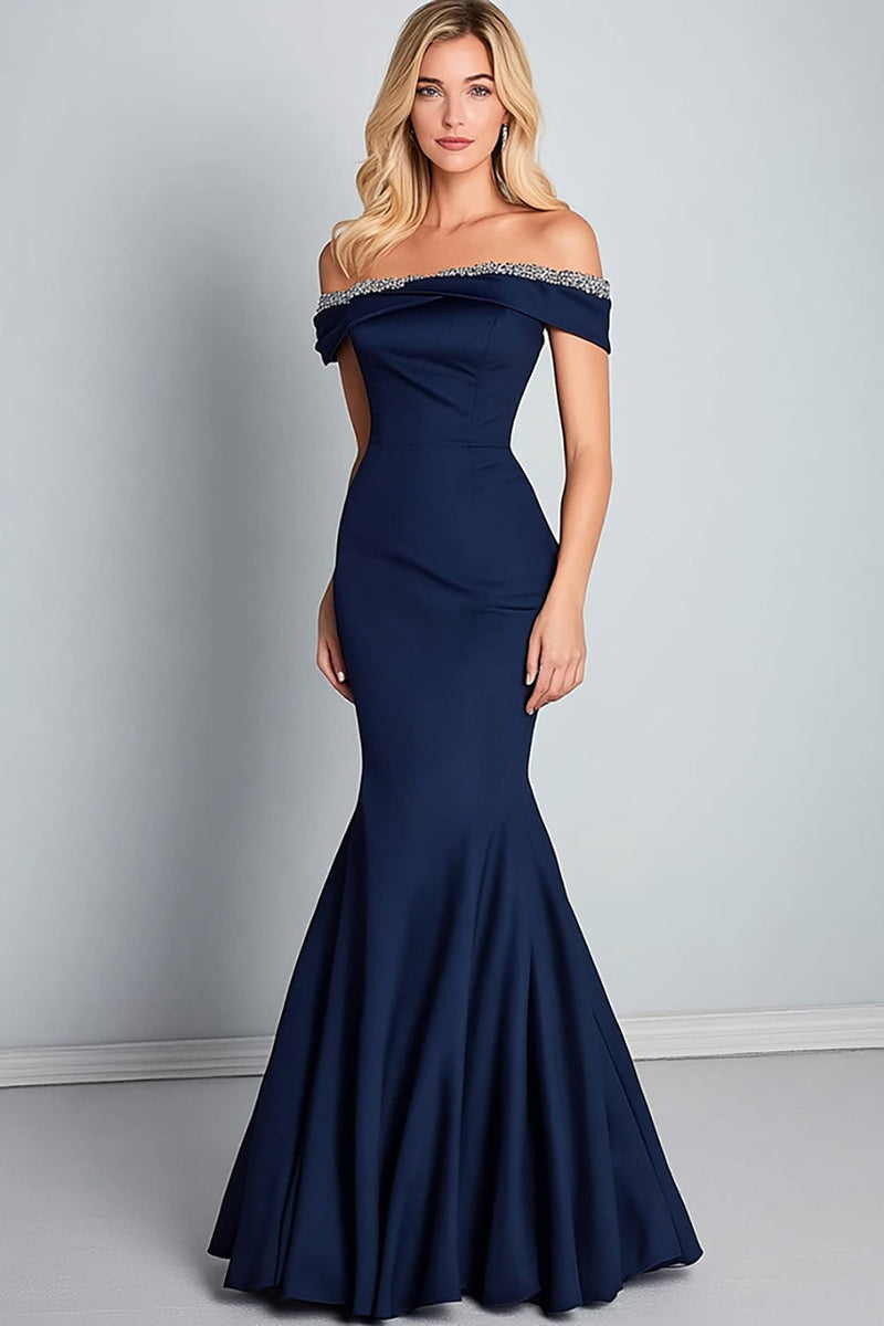 Load image into Gallery viewer, Navy Off the Shoulder Mermaid Long Formal Dress