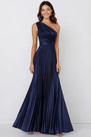 Load image into Gallery viewer, Navy Satin A Line Pleated One Shoulder Long Formal Dress